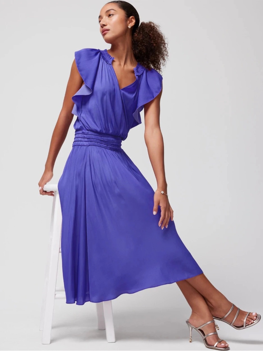 WHBM Violet Ruffle-Sleeve Smocked V-Neck Romantic Feminine Midi Dress Boho Small